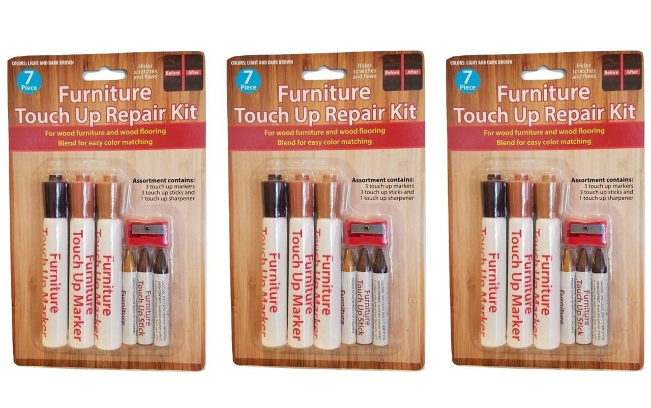 Handy Housewares 7 Piece Wood Touch Up Repair Kit - For Wood Furniture & Flooring - 3 Markers, 3 Sticks and 1 Sharpener
